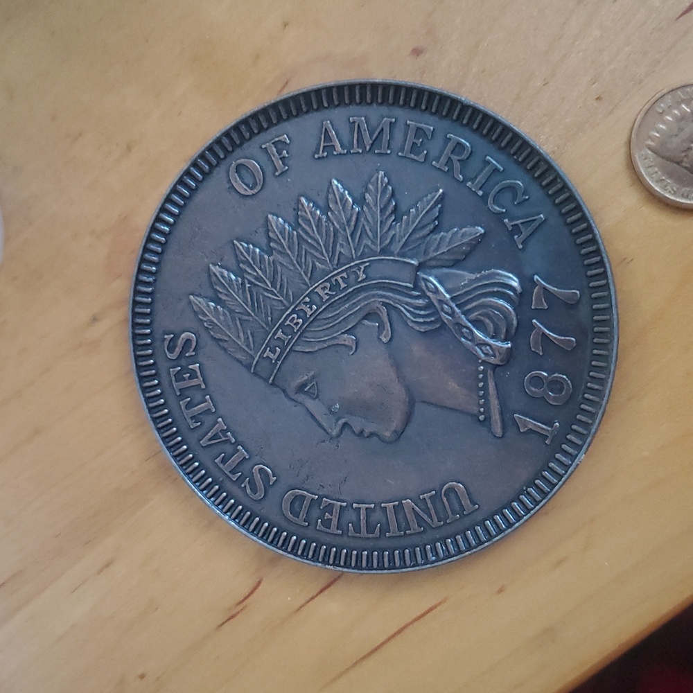 VINTAGE US 1877 REPRODUCTION 3" NOVELTY INDIAN HEAD, METAL MEDALLION